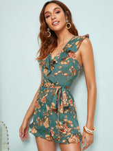 Load image into Gallery viewer, Floral Print Ruffle Trim Wrap Romper