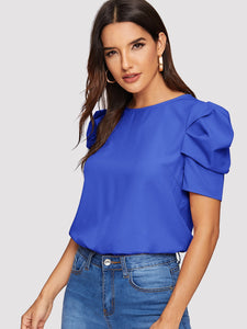 Button Keyhole Back Puff Sleeve Top