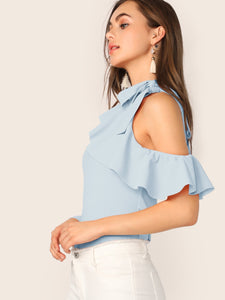 Tie Neck Cold Shoulder Ruffle Trim Top