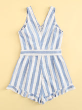 Load image into Gallery viewer, Surplice Neck Ruffle Hem Belted Striped Romper