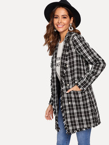 Notch Collar Frayed Edge Plaid Longline Tweed Coat