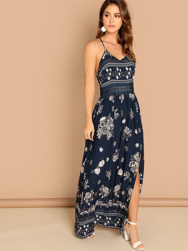 Guipure Lace Insert Split Floral Maxi Cami Dress