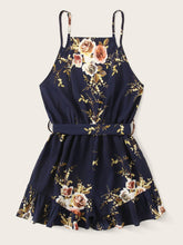 Load image into Gallery viewer, Floral Print Surplice Front Ruffle Hem Belted Cami Romper