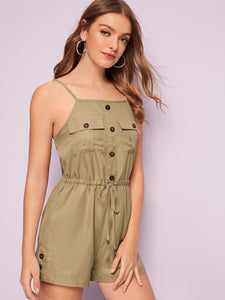 Drawstring Waist Flap Pocket Cami Romper