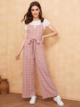 Load image into Gallery viewer, Notch Neck Self Belted Wide Leg Grid Jumpsuit