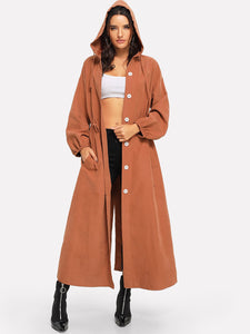 Button Up Hooded Drawstring Waist Coat