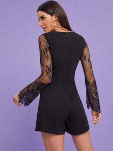 Tie Neck Contrast Lace Sleeve Romper