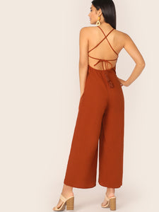 Crisscross Back Buttoned Front Wide Leg Jumpsuit