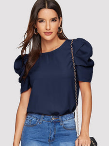 Button Keyhole Back Puff Sleeve Top