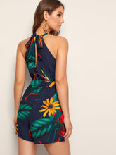 Load image into Gallery viewer, Floral Print Tie Back Belted Halter Playsuit