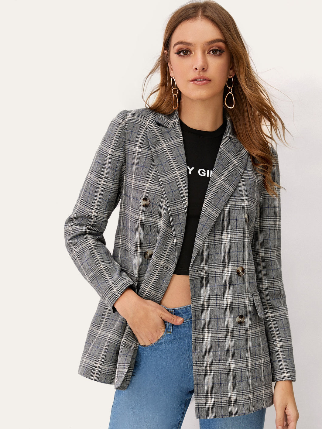 Notch Collar Double Breasted Plaid Blazer