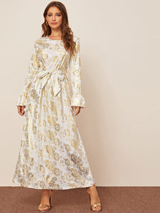 Bell Sleeve Tie Waist Jacquard Longline Dress