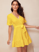 Load image into Gallery viewer, Surplice Wrap Belted Ruffle Hem Dress