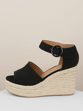 Load image into Gallery viewer, Wide Band Side Buckle Jute Trim Platform Wedges