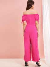 Load image into Gallery viewer, Neon Pink Lace Up Sweetheart Neck Wide Leg Jumpsuit