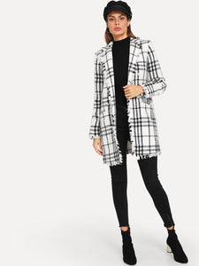 Notch Collar Frayed Edge Plaid Longline Tweed Coat