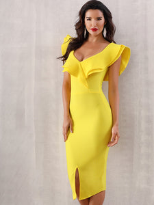 Adyce Zip Back Ruffle Trim Slit Hem Pencil Dress