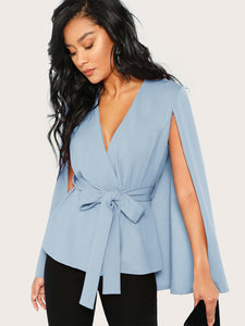 Surplice Neck Tie Waist Cape Coat