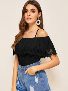 Cold Shoulder Guipure Lace Trim Top