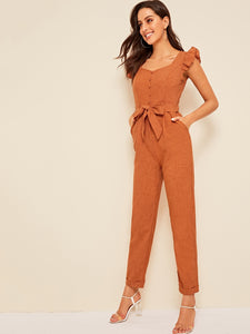 80s Sweetheart Neck Ruffle Armhole Rolled Hem Jumpsuit