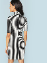 Load image into Gallery viewer, Bow Tie Neck Vertical Striped Bodycon Dress