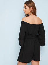 Load image into Gallery viewer, Off Shoulder Flounce Sleeve Belted Romper