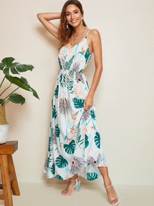 Tropical Print Drawstring Waist Flare Dress