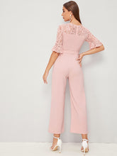 Load image into Gallery viewer, Lace Yoke Ruffle Cuff Belted Jumpsuit