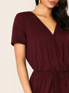 Solid Drawstring Waist Surplice Neck Jumpsuit