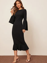 Load image into Gallery viewer, Bell Sleeve Fishtail Hem Solid Dress