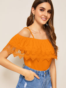 Cold Shoulder Guipure Lace Trim Top