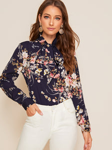 Botanical Print Tie Neck Top