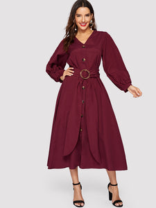 Bishop Sleeve Button Up Self Belted Dress