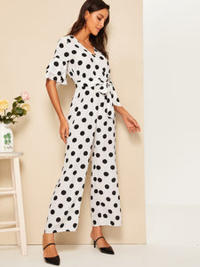 Surplice Neck Layered Flounce Sleeve Wide Leg Jumpsuit