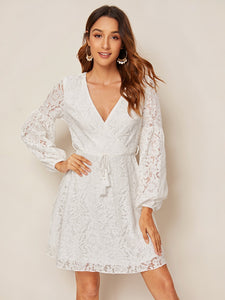 Self Tie Guipure Lace Surplice Dress