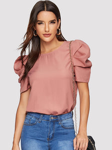 Button Keyhole Back Puff Sleeve Top