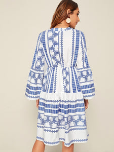 Aztec Print Notch Neck A-line Dress