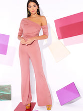 Load image into Gallery viewer, Asymmetrical Neck Ruched Detail Flare Leg Jumpsuit