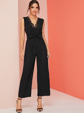 Load image into Gallery viewer, Contrast Lace V-neck Self Tie Jumpsuit