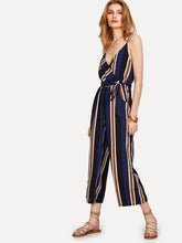 Load image into Gallery viewer, V Neckline Tie Side Striped Jumpsuit