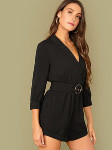 Notch Collar O-ring Belted Cuffed Hem Blazer Romper