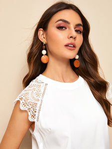 Contrast Lace Cuff Keyhole Back Blouse