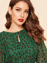 Load image into Gallery viewer, 60s Keyhole Neck Flounce Sleeve Leopard Dress