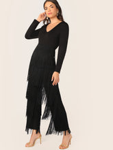 Load image into Gallery viewer, V Neck Layered Fringe Trim Jumpsuit