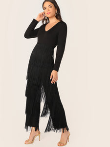 V Neck Layered Fringe Trim Jumpsuit