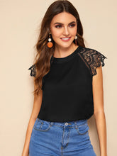 Load image into Gallery viewer, Contrast Lace Cuff Keyhole Back Blouse