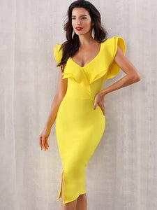 Adyce Zip Back Ruffle Trim Slit Hem Pencil Dress