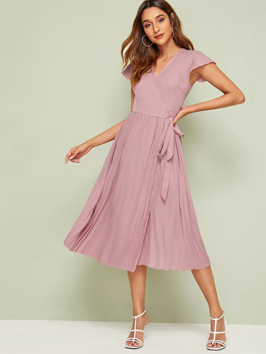 Surplice Pleated Tie Side Dress