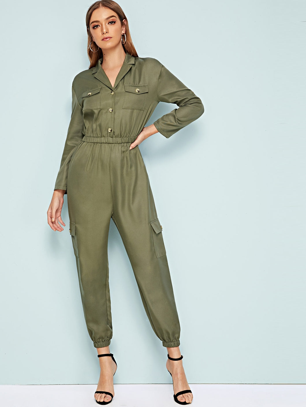 Solid Button Through Pocket Utility Jumpsuit