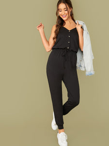 Button Front Drawstring Waist Halter Jumpsuit